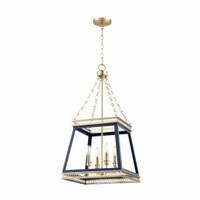 Gerome Blue & Aged Brass Pendant: French country four-light fixture with open frame, candelabra sockets.