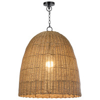 Large beehive-shaped outdoor pendant light with weathered natural woven rattan and black chain.