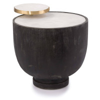 Ebony birch Theo accent table with a round alabaster top and a smaller, elevated brass-rimmed alabaster tray.