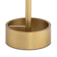 Close-up of the Myles Large Accent Table's round, gold metal base with a central support pole.