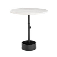 Round white marble accent table with a black adjustable metal base.