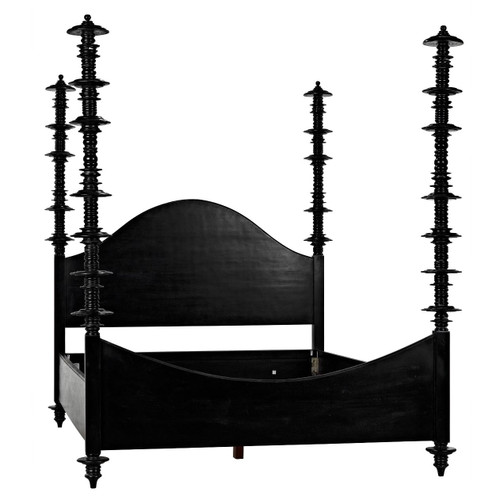 Hand-rubbed black mahogany four-poster bed with hand-carved details and a curved headboard.