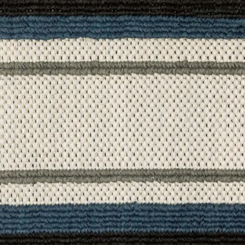Torrey Beige & Blue Outdoor Rug with flatwoven platinum base and tri-colored loop pile stripes.