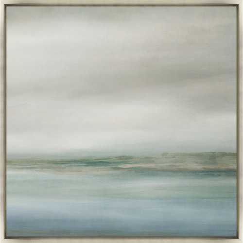 Coastline III Giclee Painting: abstract coastal art with soft blues, greens, and grays in a light frame.
