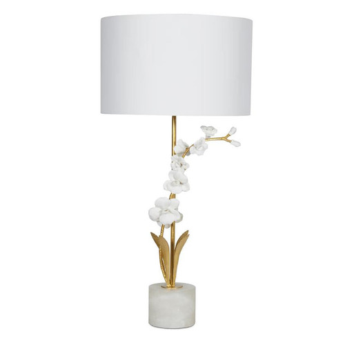 Thylane Orchid Buffet Lamp: white linen shade, alabaster base, gold leaf metal leaves, and white porcelain orchid blossoms.