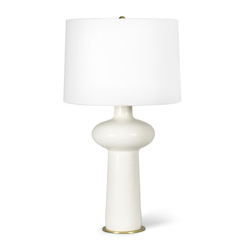 Sabina ceramic table lamp with an off-white oval-shaped base and a white linen drum shade.
