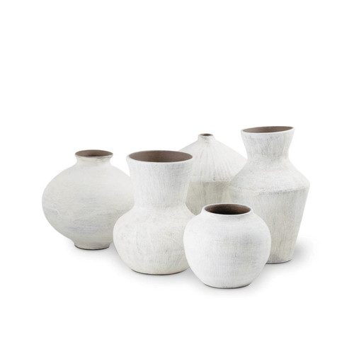 Noor Ceramic Vase Set: Five handmade organic white vases with unique textures and brown interiors.