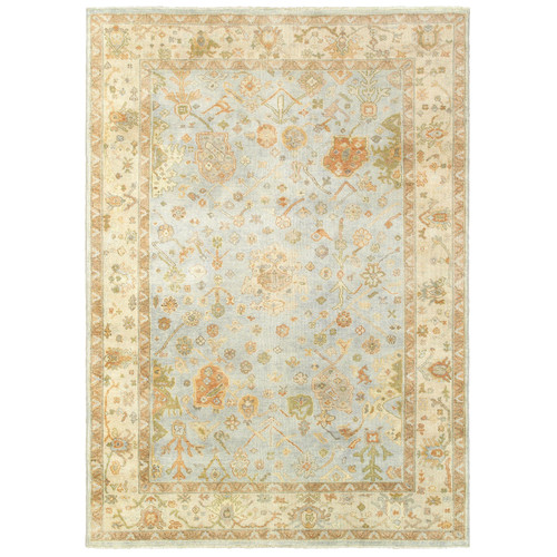 Hand-knotted Palace Blue & Sand Traditional Rug with classic Oushak patterns in soft wool.