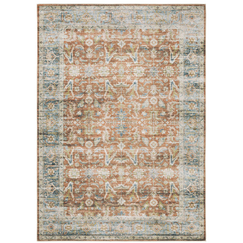 Charleston Rust & Blue Washable Rug with distressed traditional patterns and a blanket stitch finish.