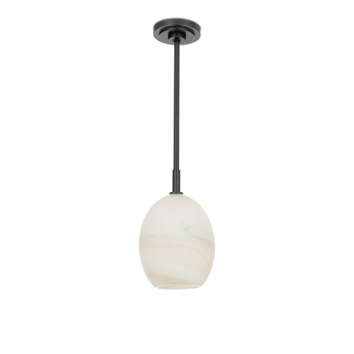 Artemis pendant light with a single, open-ended alabaster-like glass globe and dark pipe.