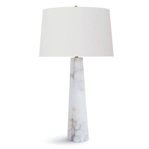 Large Quatrefoil Alabaster Table Lamp with a tapered white alabaster base and a white linen drum shade.
