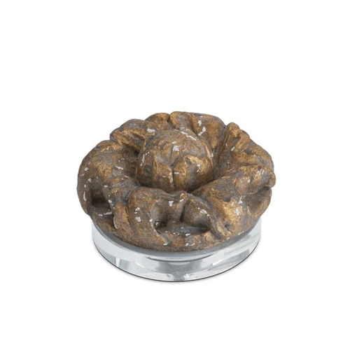 Evette distressed brass-look resin ornament on a clear crystal base.