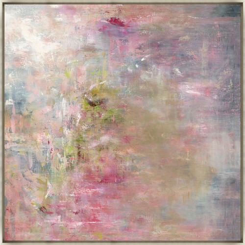 Abstract giclee painting by Beverly Fuller in warm blush, pink, and soft gray tones with brush gel finish.