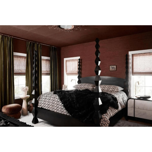 Brancusi king-size four-poster bed in hand-rubbed black mahogany with geometric hourglass posts.