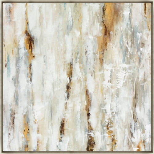 Abstract giclee painting with vertical brushstrokes in white, brown, gold, and light blue, framed.