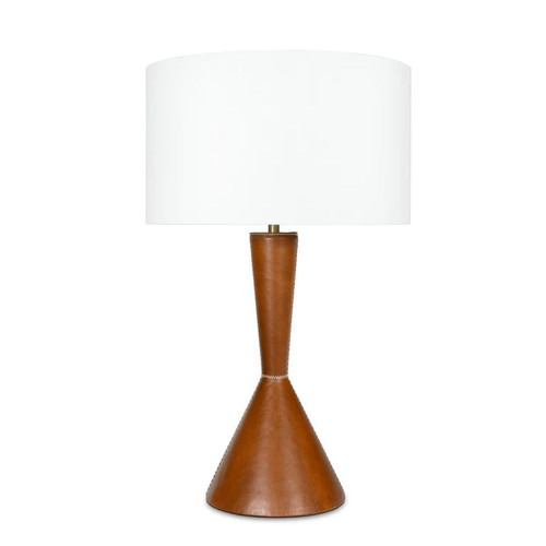 Denver Leather Table Lamp with a tapered brown leather base, cross-stitched detailing, and a white linen shade.