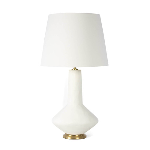 Kayla ceramic table lamp with a matte white body, natural brass base, and crisp natural linen shade.