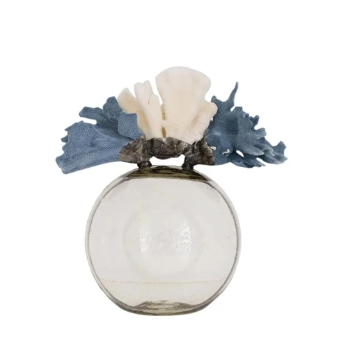 Round glass decorative bottle with blue and white coral, 15-19"H.