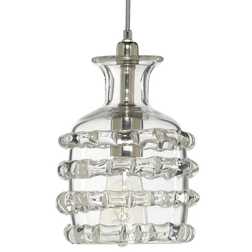 Clear glass round ribbon pendant light with nickel hardware and thick hand-blown glass design.