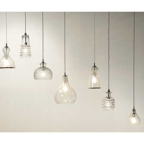 Clear hand-blown glass round ribbon pendant lights with nickel hardware in various shapes and sizes.