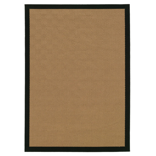 Lanai Beige & Black Outdoor Rug with a woven polypropylene texture and black border.