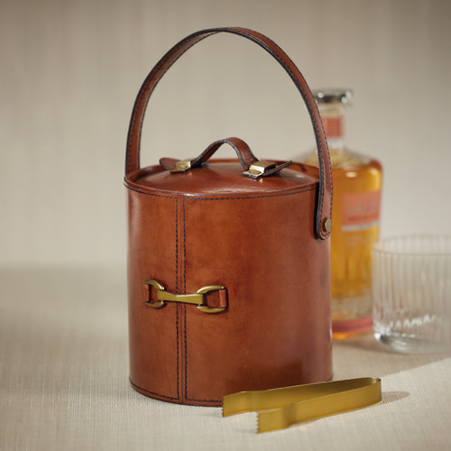 Chadwell Leather Ice Bucket with Gold Metal Ice Tong - Bar Set Detail | Bone & Brass