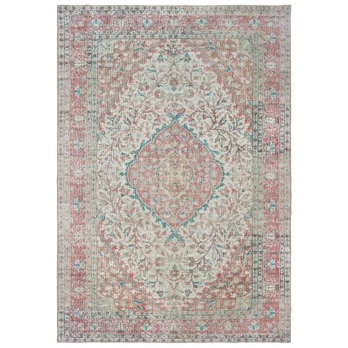 Sofia Ivory & Pink Traditional Rug with distressed floral pattern, machine-woven polyester chenille.