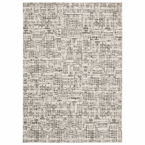 Nebulous Ivory Abstract Casual Rug with modern charcoal and ivory patterns, made from soft polyester yarns.