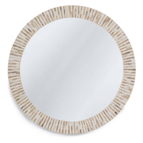 Round multitone bone mirror with slender, handcrafted tile striping.