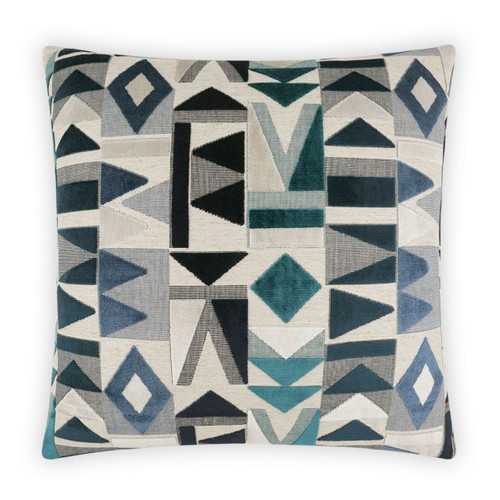 Traydon Ocean Throw Pillow, a 24" square luxury accent pillow with a geometric pattern in blue, teal, gray, and black.