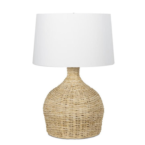 Campagna Table Lamp with a woven natural rattan body, white linen shade, and oil-rubbed bronze accents.