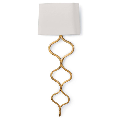 Elegant Sinuous Sconce in gold leaf with a twisting metal pattern and a natural linen shade.
