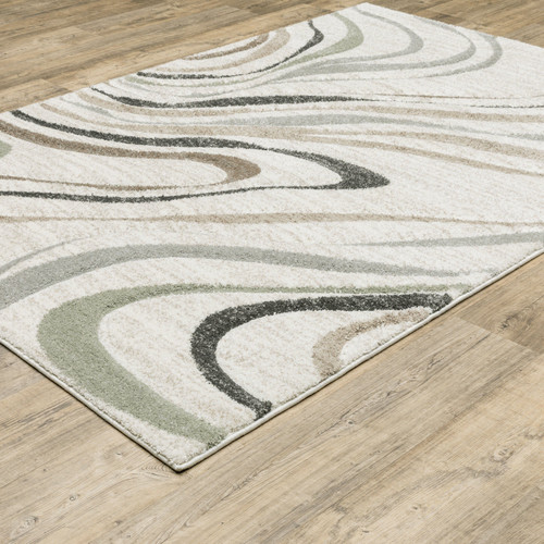 Cambria Beige Multi-Colored Contemporary Rug with swirling neutral, pale blue, and mint polypropylene fibers.