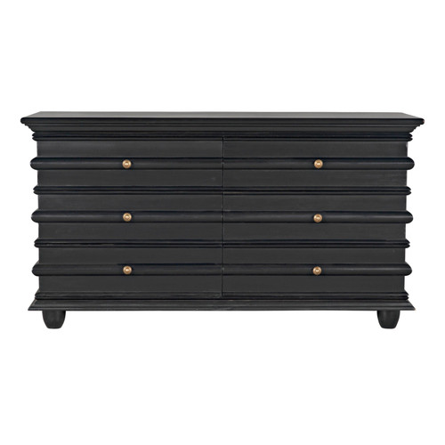 Ascona 6-drawer chest in hand-rubbed black mahogany with gold hardware.