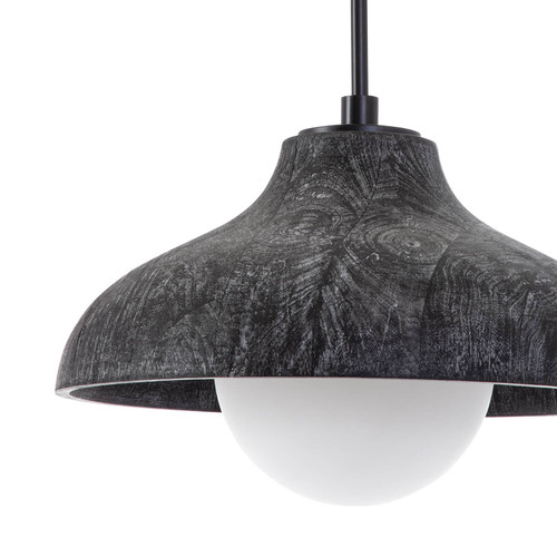 Surfside ebony wood pendant with white-washed grain texture and a milk glass globe.