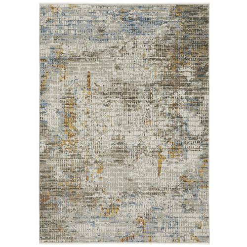 Bauer Beige Multi-Colored Casual Rug, abstract design with blue, gold, and grey tones, made from recycled PET yarn.