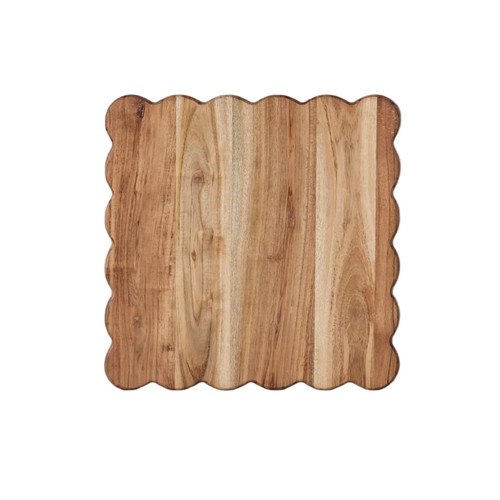 Square acacia wood cutting board with elegant scalloped edges, natural wood grain.