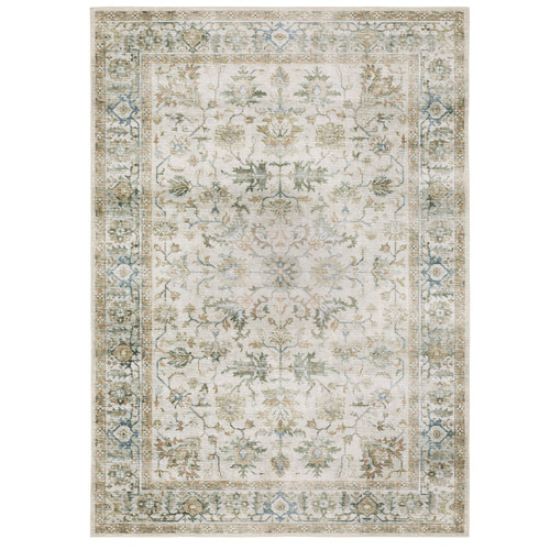 Charleston Ivory & Multi-Color Washable Rug with distressed traditional patterns and non-slip backing.