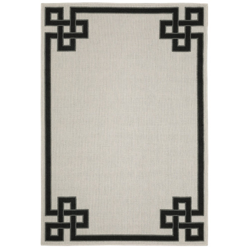Torrey Beige & Black Outdoor Rug with a flatwoven base and black geometric loop pile border.
