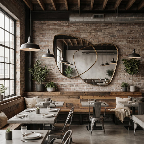 Harmony Large Natural Brass Overlapping Mirror with a bold, edgy frame on a brick wall in a restaurant setting.