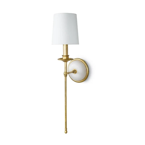 Fisher Sconce Single with a gold leaf finish, alabaster dome backplate, and natural linen shade.