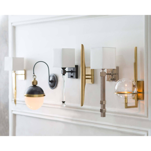 Redford Sconce Natural Brass, a classic modern 22" tall steel sconce with a plated finish.