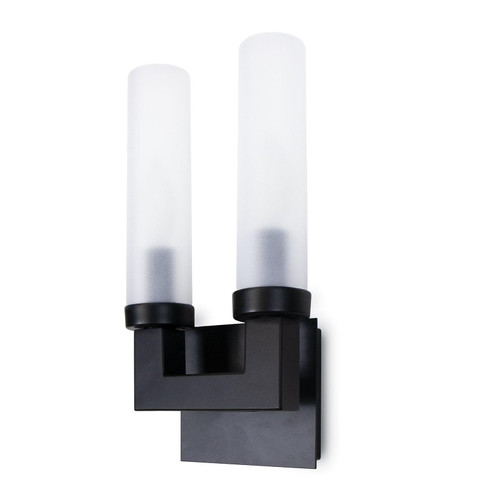 Montecito Double Outdoor Sconce with a charcoal backplate and two frosted glass light covers.