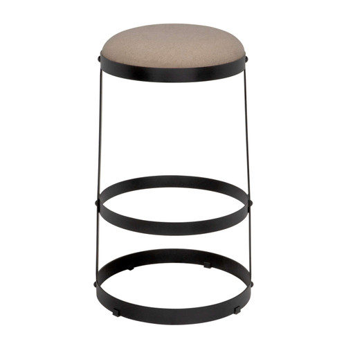 Dior Bar Stool with soft linen seat and black steel frame with three circular bands.