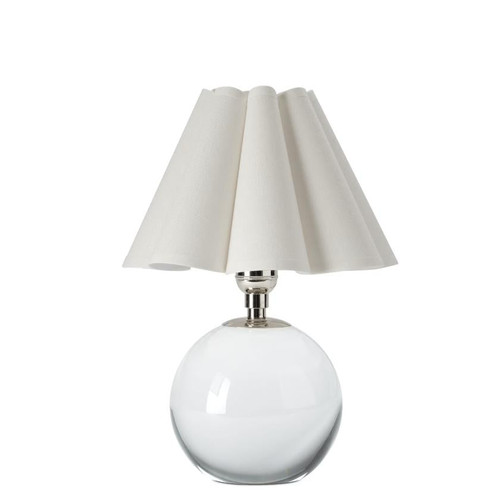 Giorgio Crystal Mini Table Lamp with clear spherical base, polished nickel hardware, and white scalloped linen shade.