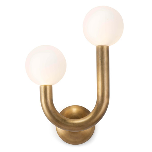 Happy Sconce Left Side in natural brass with two matte white glass globes, modern asymmetrical design.
