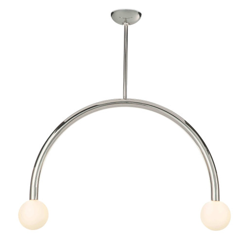 Happy Pendant Large with polished nickel frame and two matte white glass globes.
