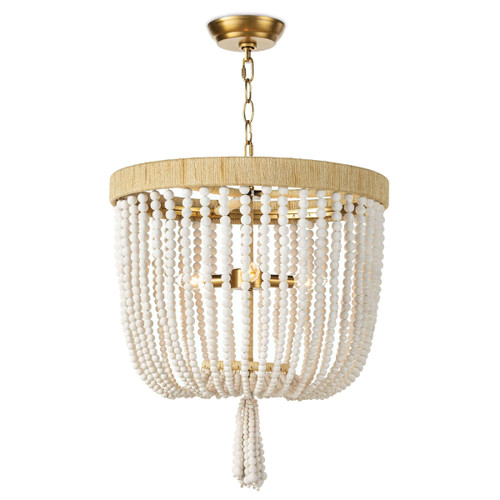 Milos White Beaded Chandelier with jute-wrapped frame and brass accents, 25" high.