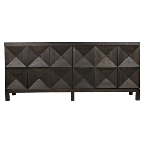 Ebony walnut 3-door sideboard with geometric diamond pyramid panels and simple squared legs.