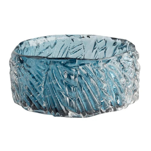 Blue cast glass decorative bowl with textured surface, 16.75" wide, for floral arrangements or centerpieces.